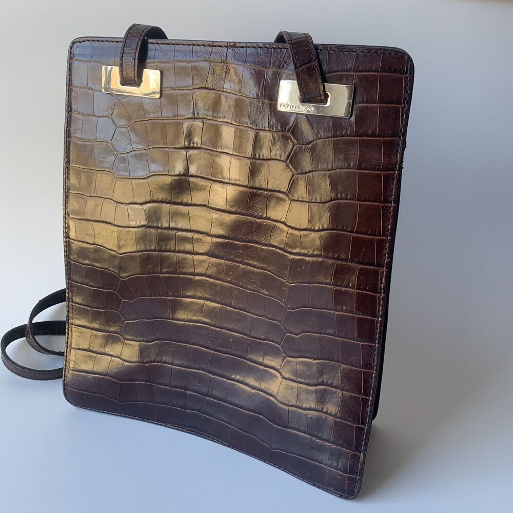 ENZO ANGIOLINI Croc Leather Shoulder Bag Purse Dark Brown Tote Business Work - Picture 10 of 11